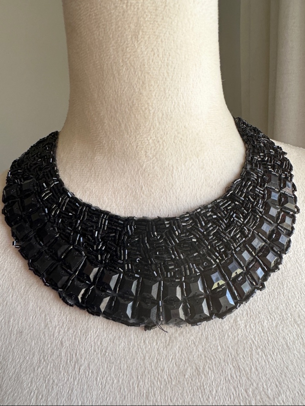 Vintage Black Beaded Maximalist Collar Necklace -